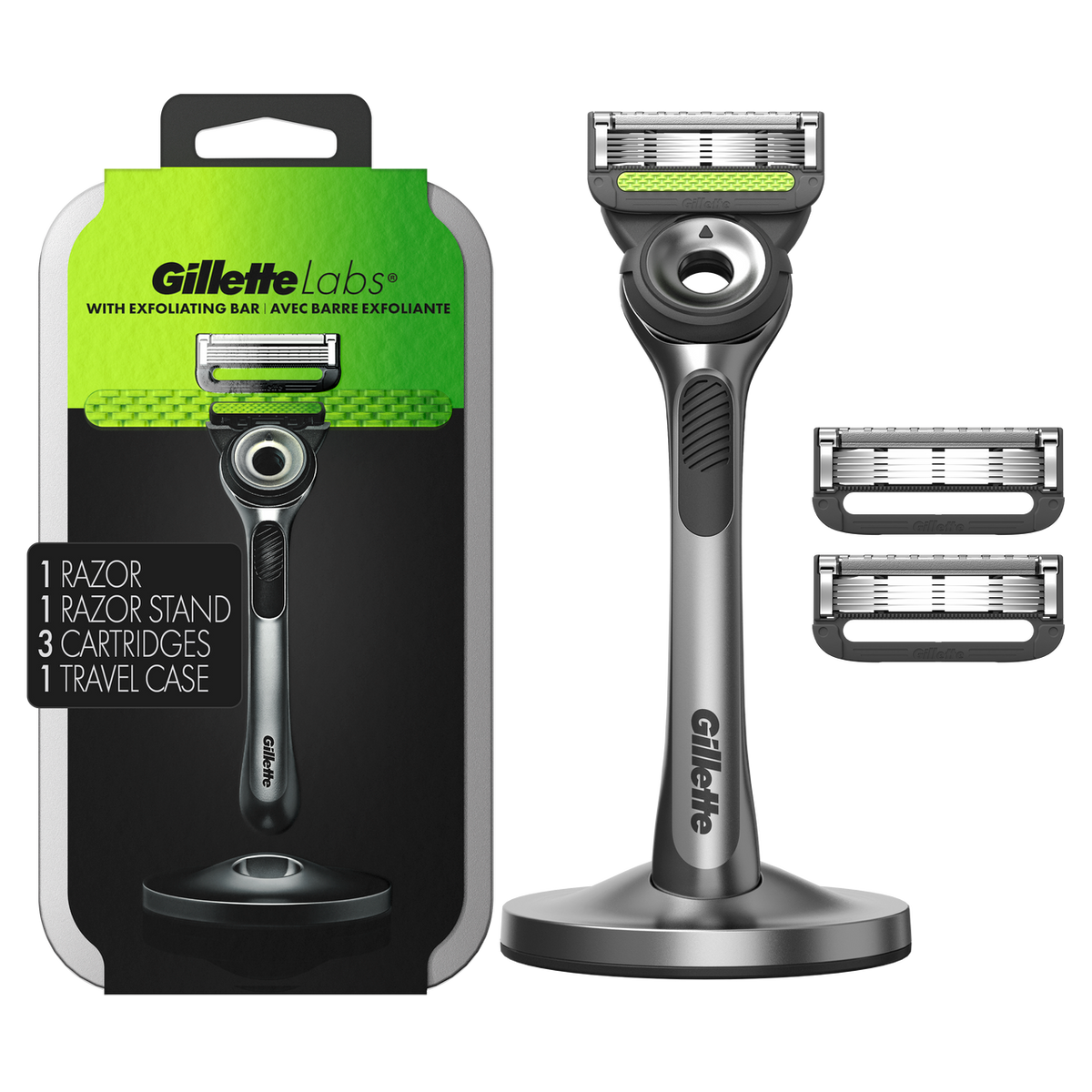 GilletteLabs with Exfoliating Bar Razor (1 Handle + 3 Cartridges + 1 Travel Case)