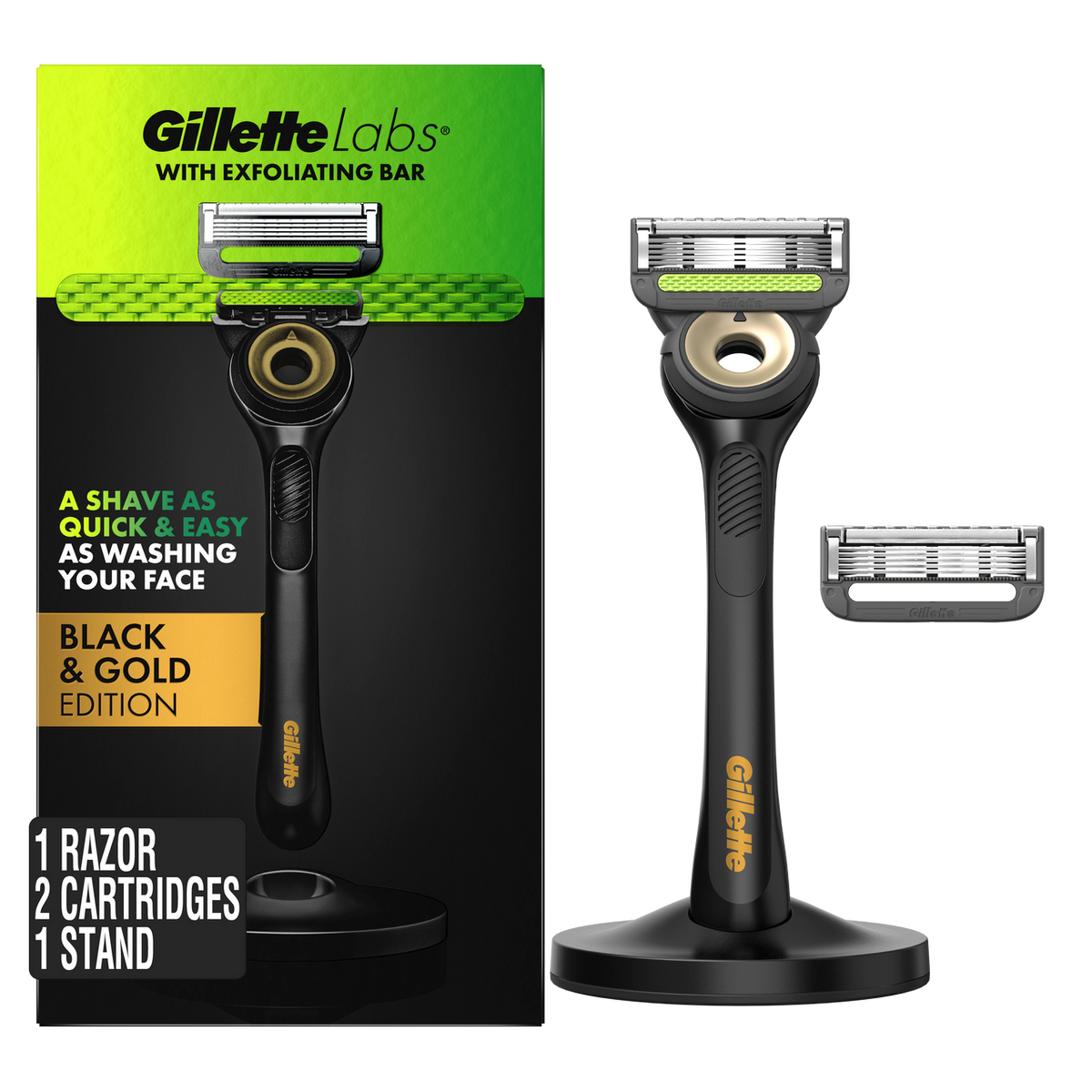 GilletteLabs Exfoliating Bar Razor Black and Gold Edition (2 Count + Handle + Stand)